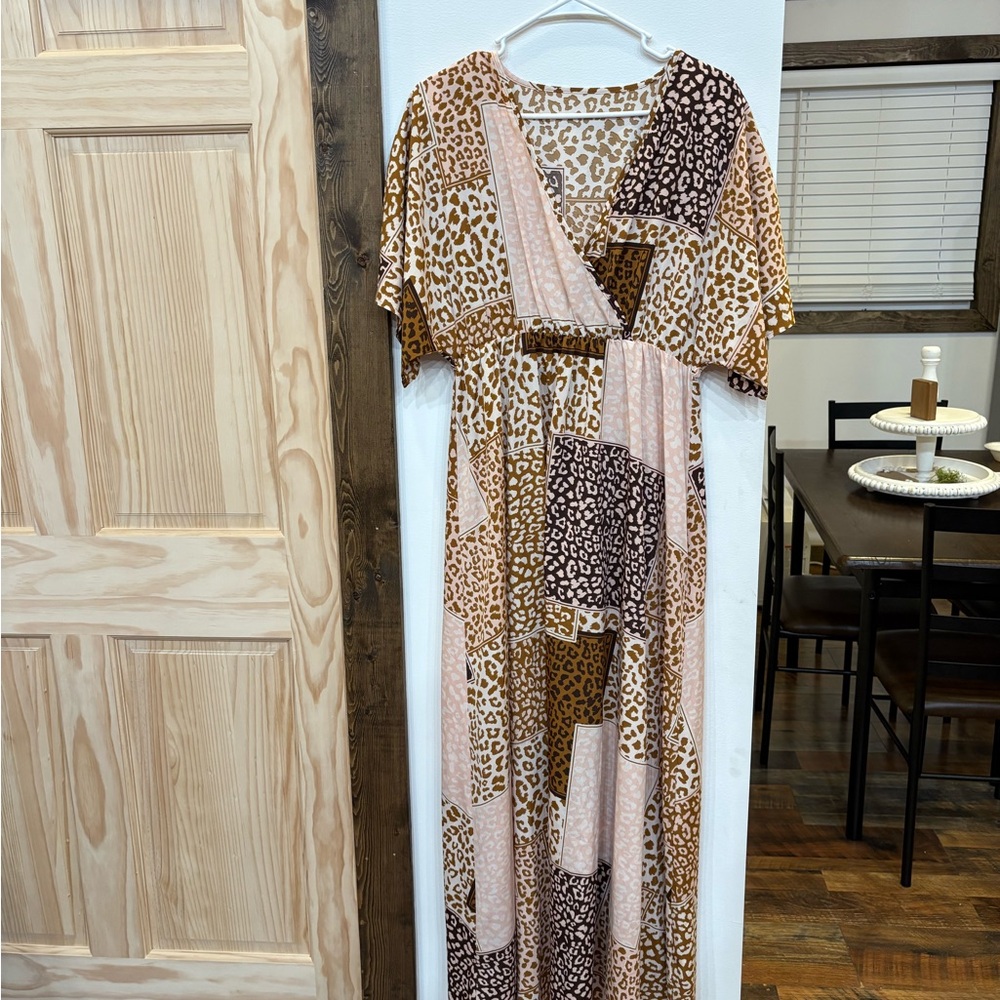 Leopard Patchwork Maxi Dress - Brown and Cream